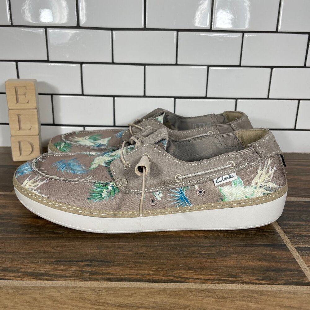 Clarks Higley Tie Mens Size 10 Boat Shoes Sand Floral Canvas Suede Bottle Opener